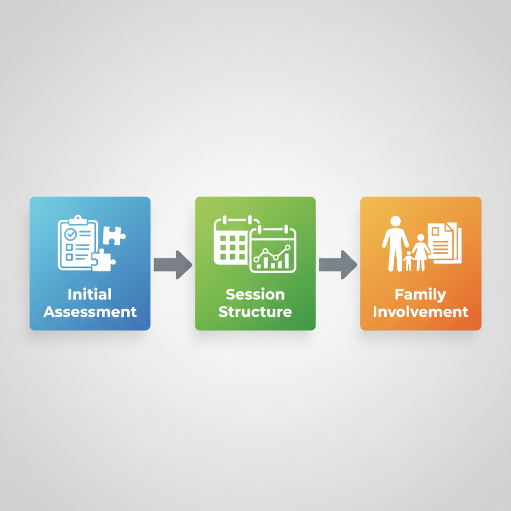 Horizontal process flow diagram illustrating the three stages of ABA therapy: initial assessment, session structure, and family involvement.