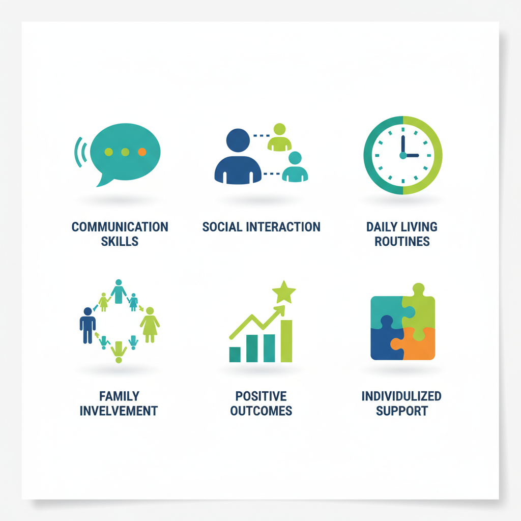 Grid of icons depicting key ABA therapy benefits: communication enhancement, social skills, daily independence, family involvement, long-term outcomes, and personalized support for children with autism