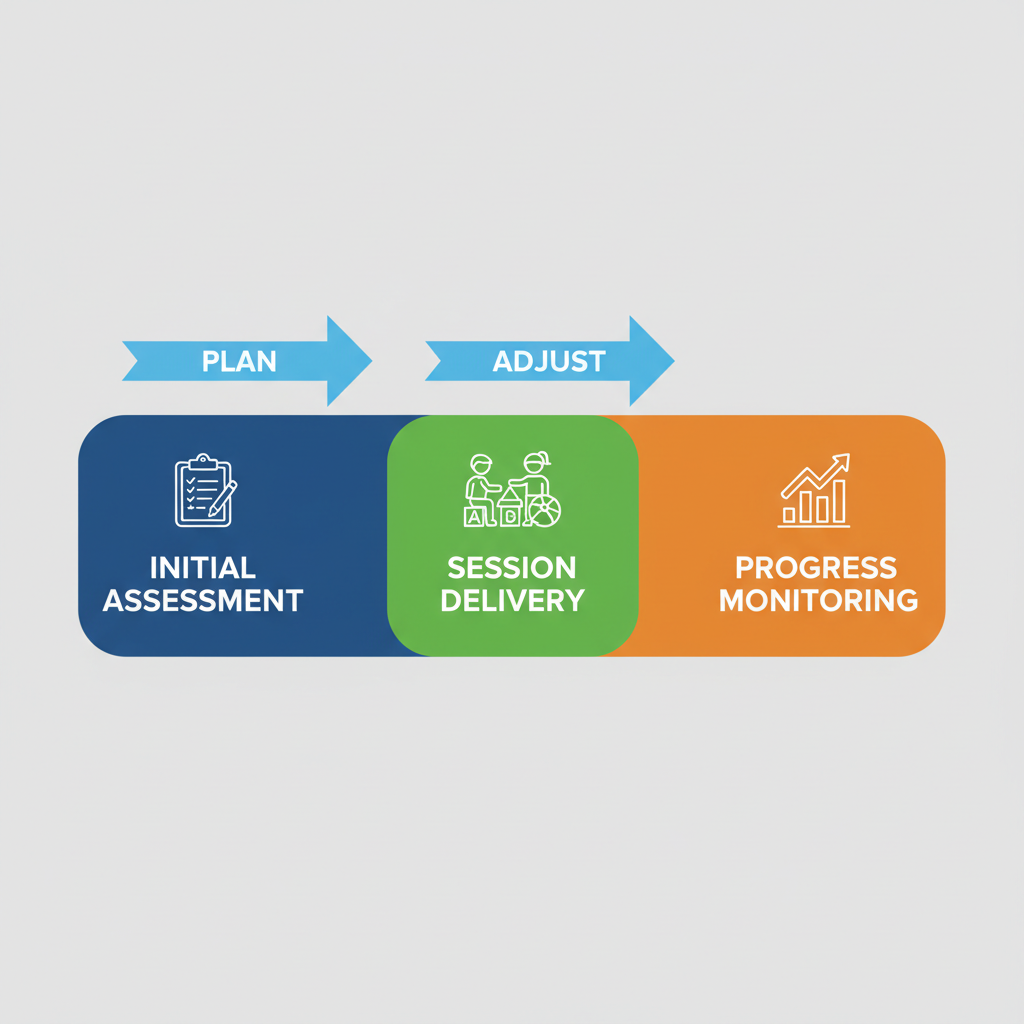 Horizontal process flow diagram showing three stages of ABA therapy: assessment, delivery, and monitoring with icons and connections.
