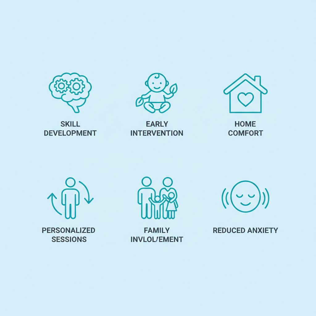 Grid of six flat icons showing benefits of in-home ABA therapy: skill development brain, early intervention baby, home comfort house, personalized person, family involvement, reduced anxiety calm face.