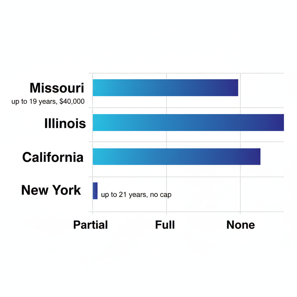 Horizontal bar chart showing autism insurance mandate levels by state including Missouri and Illinois with age and cap details.