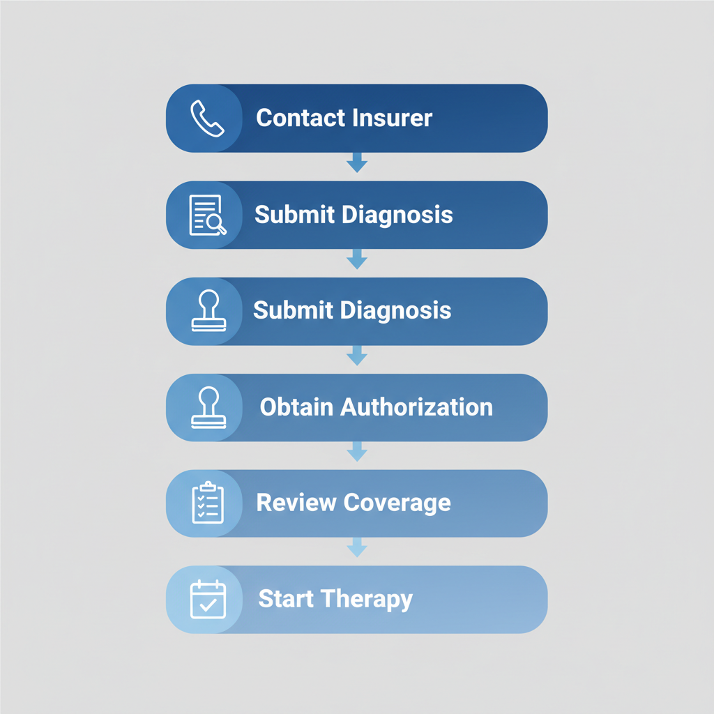 Vertical process flow diagram illustrating the steps for verifying and authorizing ABA therapy insurance coverage.