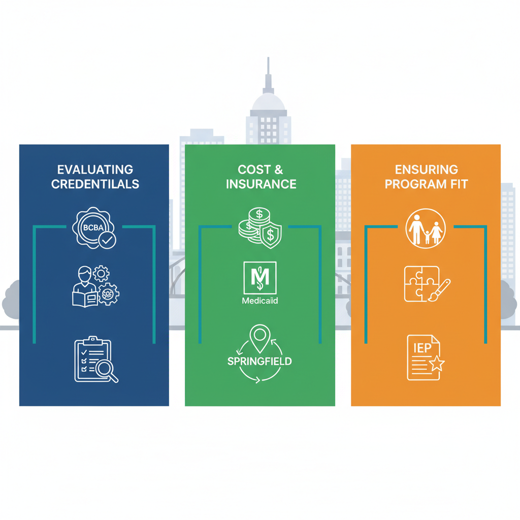 Three-panel infographic depicting best practices for choosing ABA therapy providers: credentials, costs, and program fit