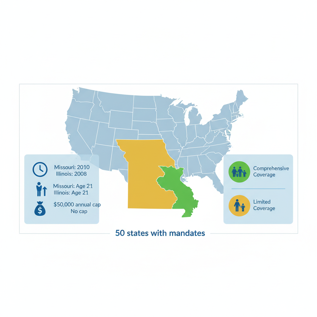 Infographic showing US map with ABA therapy mandates highlighted for Missouri and Illinois, including icons for year, age limit, and cap, color-coded by coverage type
