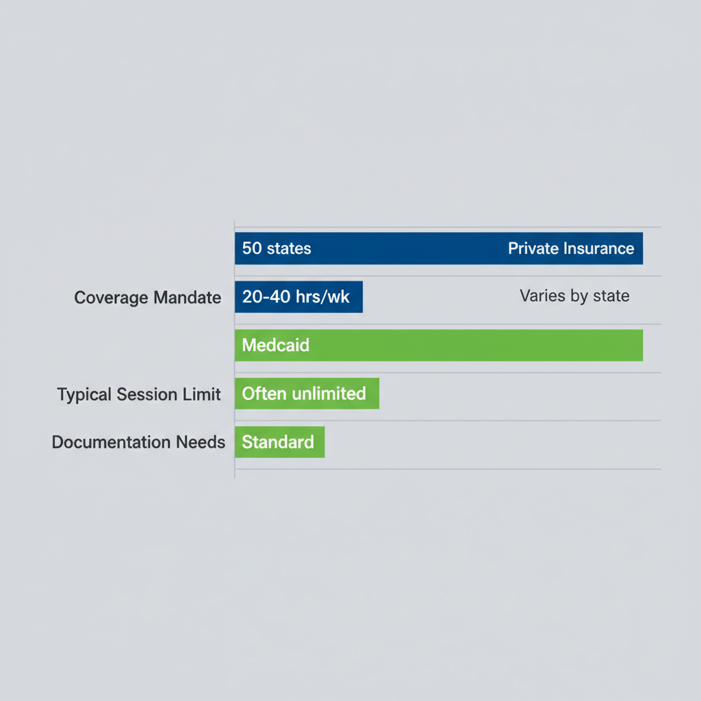 Horizontal bar chart comparing private insurance and Medicaid coverage for ABA therapy, highlighting mandates, session limits, and documentation.