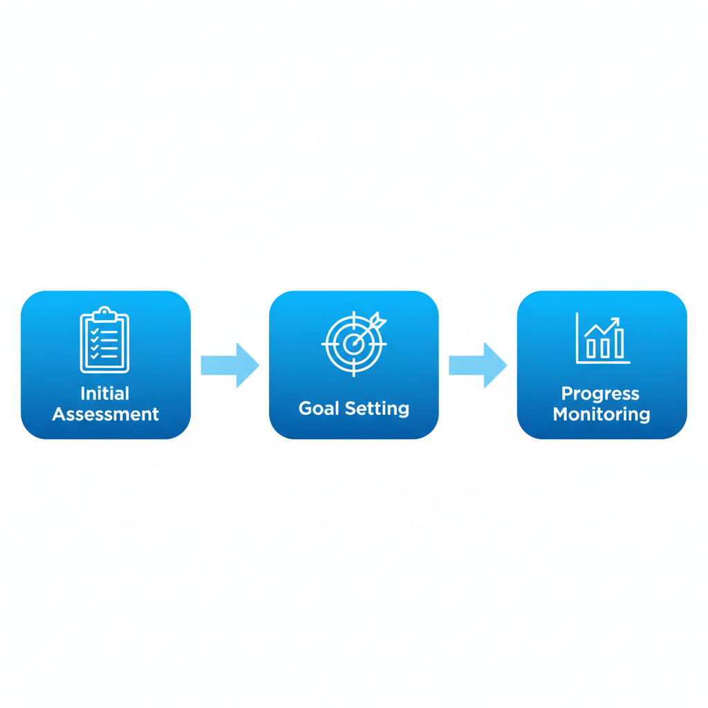 Horizontal process flow diagram illustrating the three stages of ABA therapy: initial assessment, goal setting and sessions, and progress monitoring with icons and brief labels.