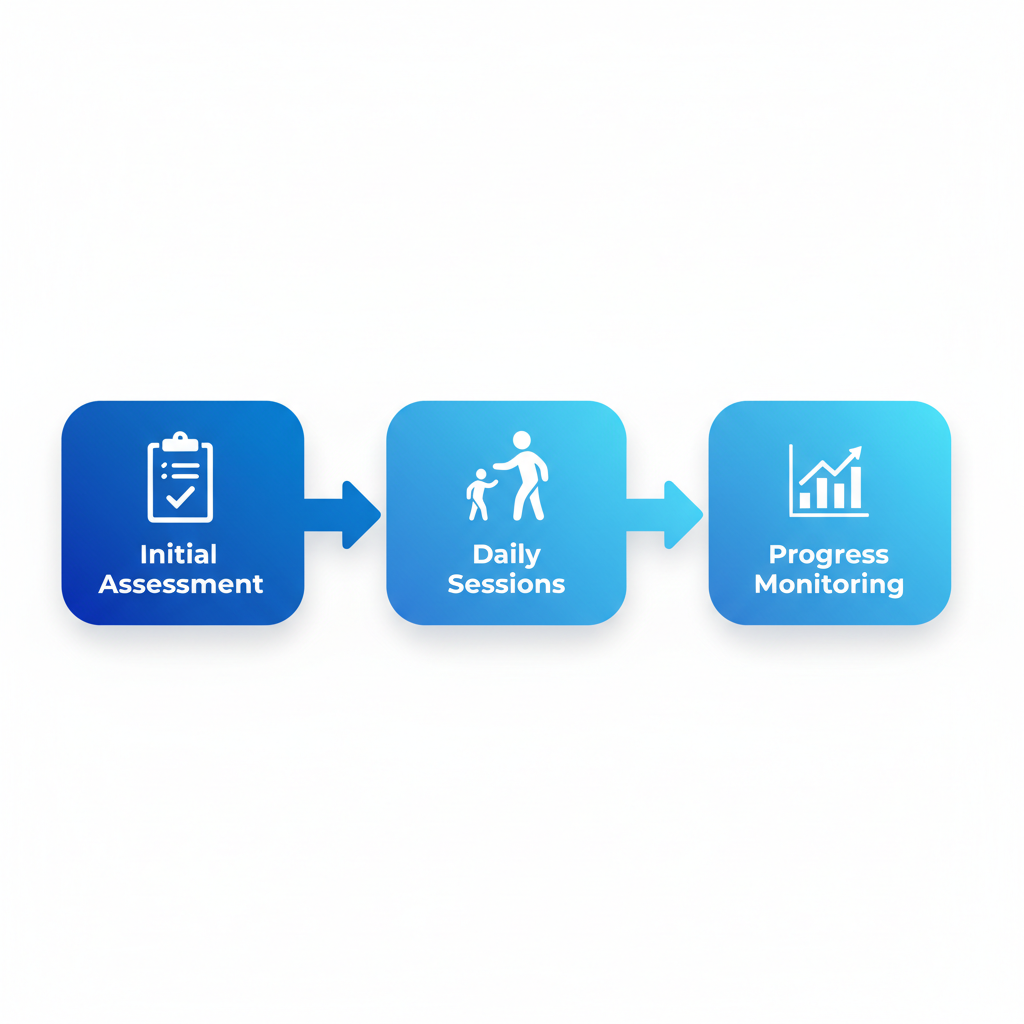 Horizontal process flow diagram illustrating the three main stages of ABA therapy: initial assessment, daily session delivery, and progress monitoring.