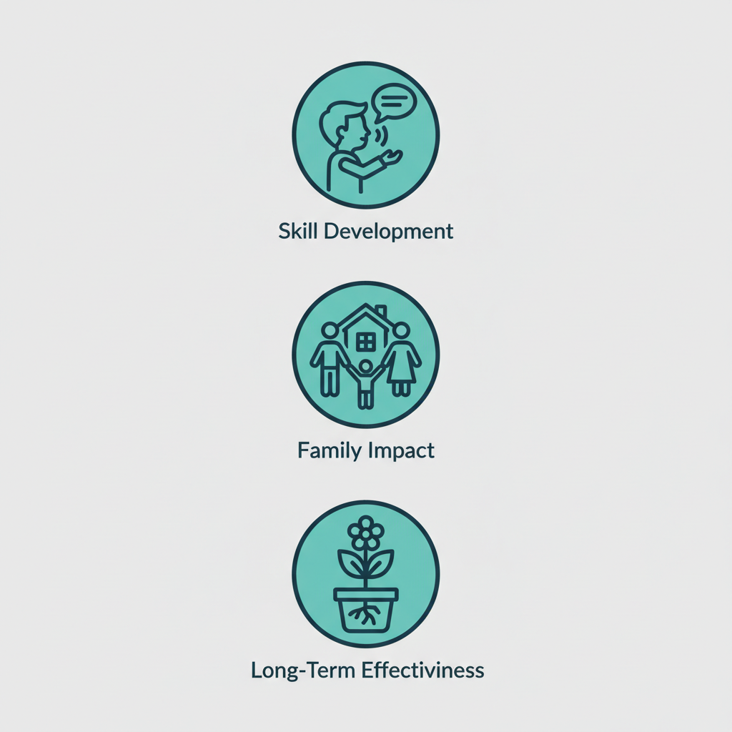 Icon set illustrating key benefits of ABA therapy: skill development, family impact, and long-term effectiveness.