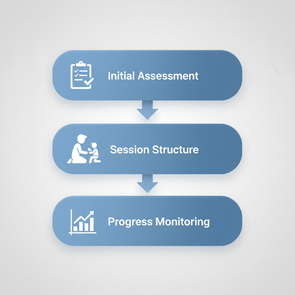 Vertical process flow diagram illustrating the three stages of home-based ABA therapy delivery: initial assessment, session structure, and progress monitoring.