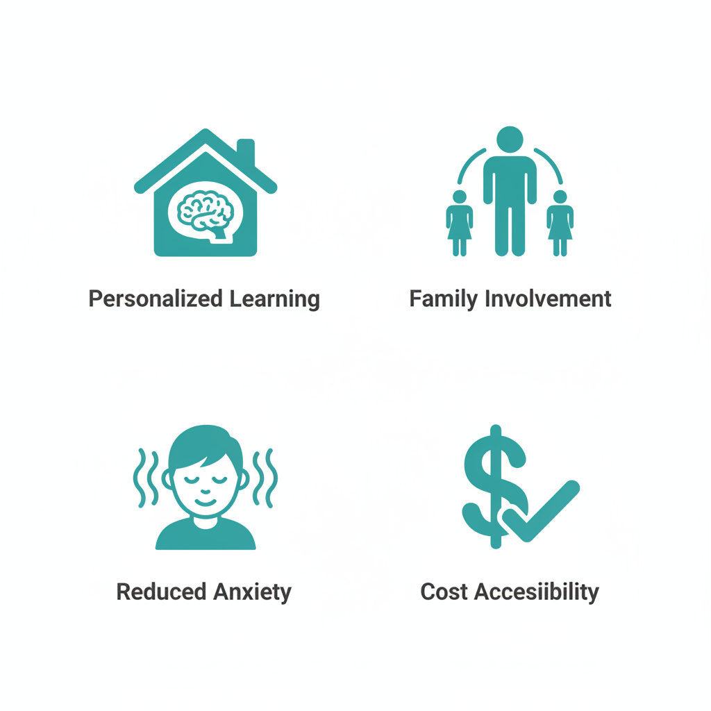 Grid of icons illustrating key benefits of in-home ABA therapy services including personalized learning, family involvement, reduced anxiety, and cost accessibility.