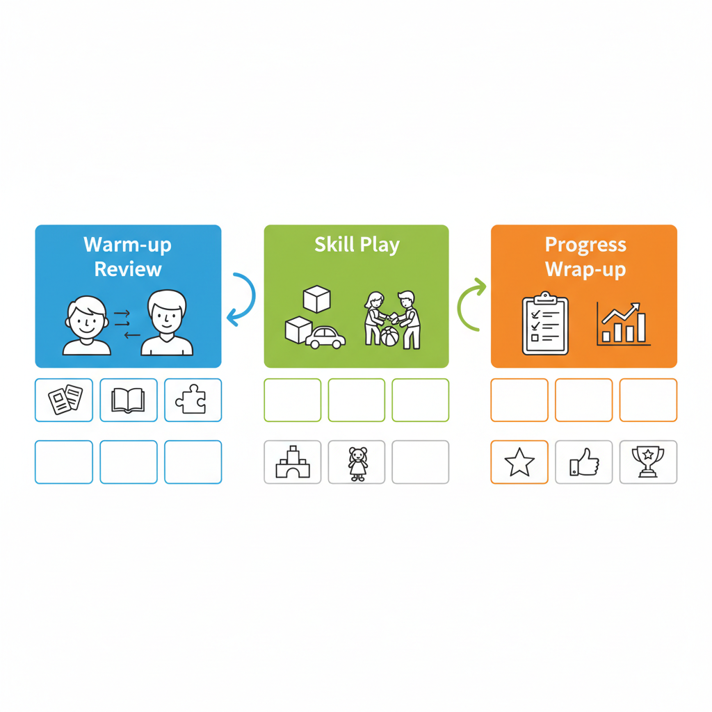 Horizontal process flow diagram of three stages in a home-based ABA therapy session