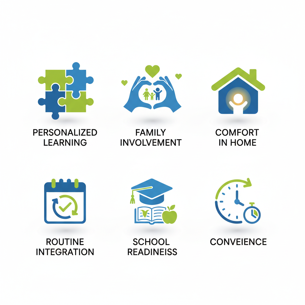Grid of six icons depicting benefits of home-based ABA therapy: personalized learning, family involvement, home comfort, routine integration, school readiness, and convenience.