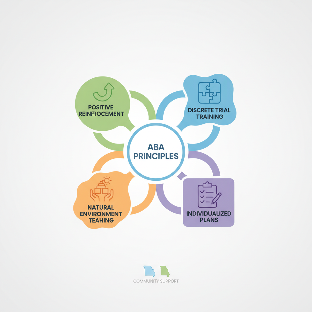 Infographic showing four core principles of ABA therapy: positive reinforcement, discrete trial training, natural environment teaching, and individualized plans, with icons in calming blues and greens.