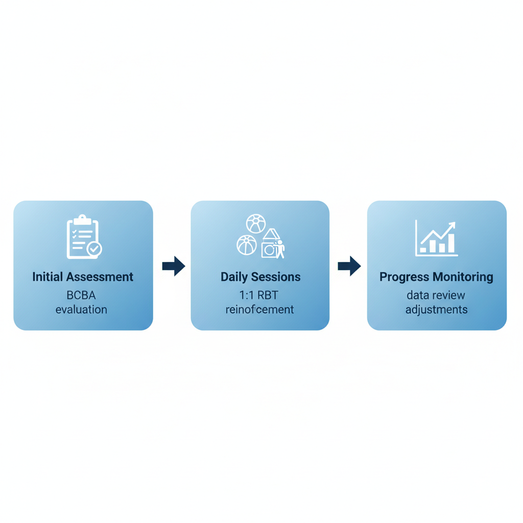 Process flow diagram illustrating the three stages of ABA therapy sessions: initial assessment, daily sessions, and progress monitoring with icons and labels.