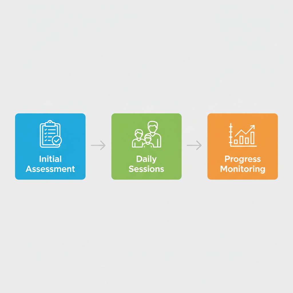 Horizontal process flow diagram illustrating the three key stages of ABA therapy: assessment, daily sessions, and progress monitoring