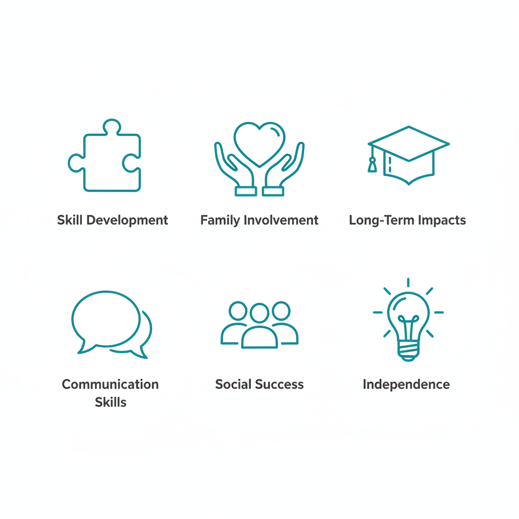 Grid of icons illustrating advantages of ABA therapy including skill development, family involvement, and independence.