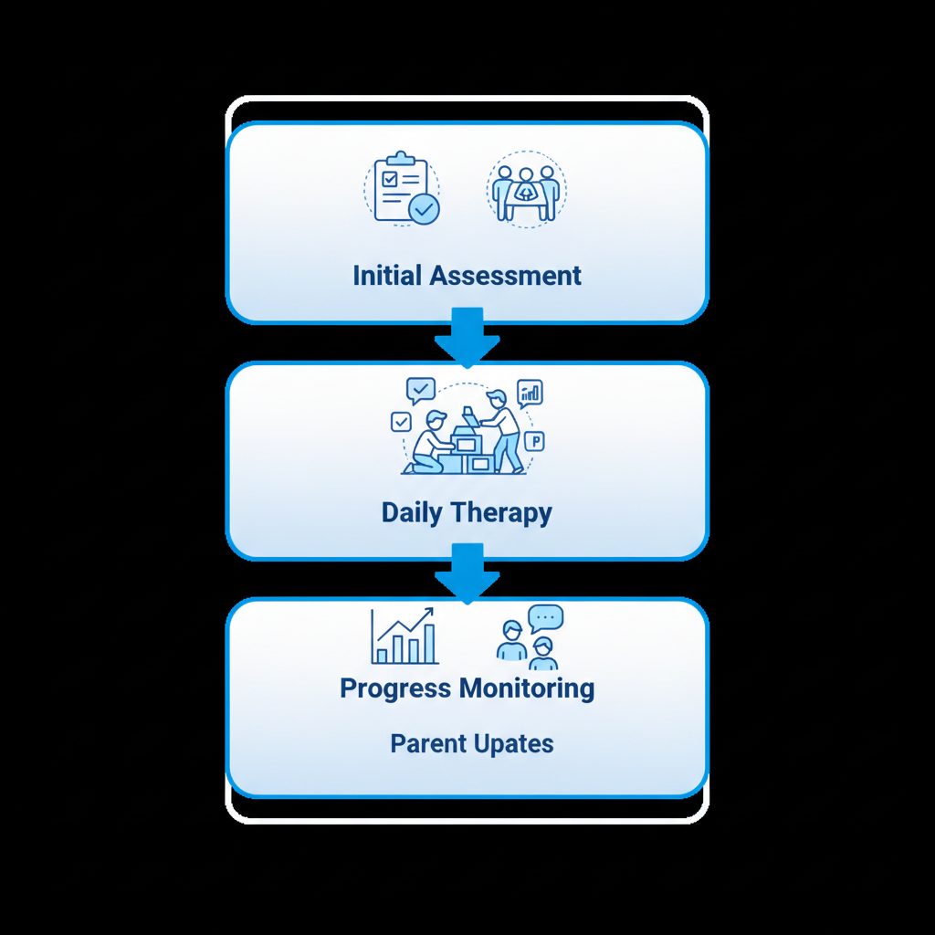 Vertical process flow diagram of ABA therapy sessions: initial assessment, daily therapy delivery, and progress monitoring stages