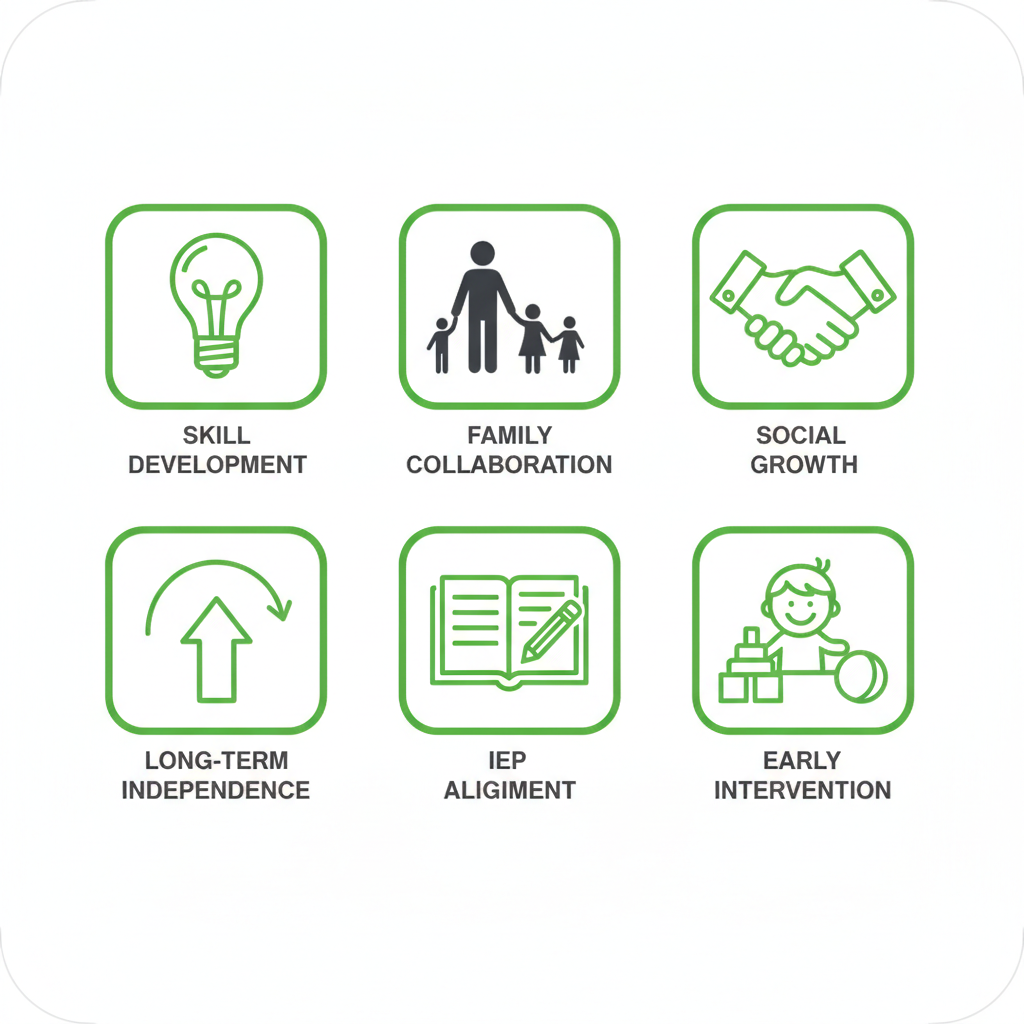 Grid of icons showing key benefits of ABA therapy including skill development, family collaboration, and early intervention