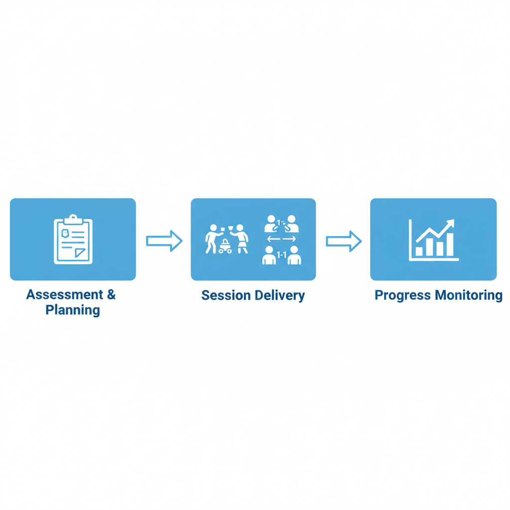 Horizontal process flow diagram illustrating three stages of ABA therapy: assessment and planning, session delivery, and progress monitoring with icons and connecting arrows.