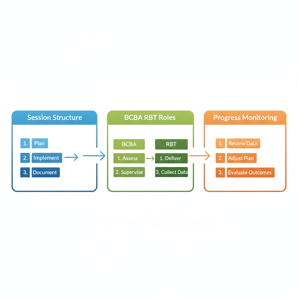 Horizontal process flow diagram showing the three main stages of ABA therapy: session structure, roles of professionals, and progress monitoring.