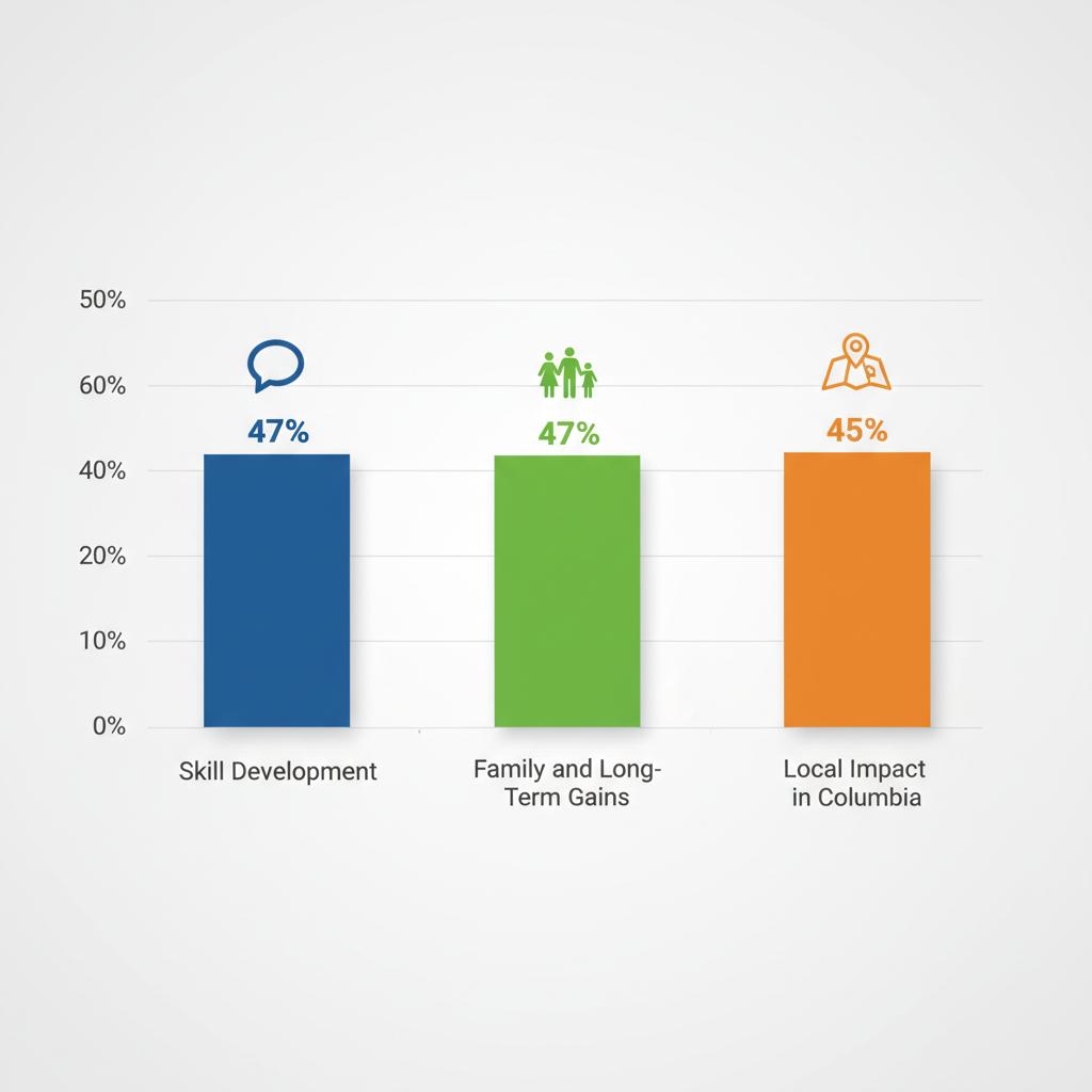 Horizontal bar chart of ABA therapy benefits showing 47% skill development, 47% family gains, and 45% local impact for children with autism