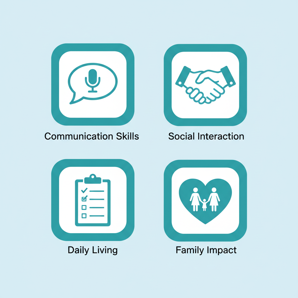 Grid of icons illustrating key ABA therapy benefits: communication skills, social interaction, daily living skills, and family impact for children with autism.