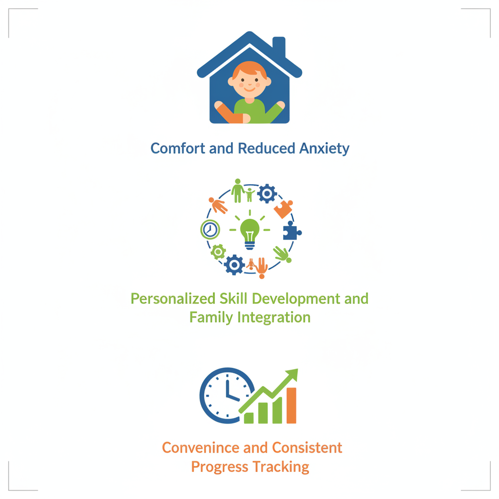 Vertical grid of three icons illustrating benefits of in-home ABA therapy for autism: comfort in familiar environment, family-integrated skill development, and convenient progress tracking.