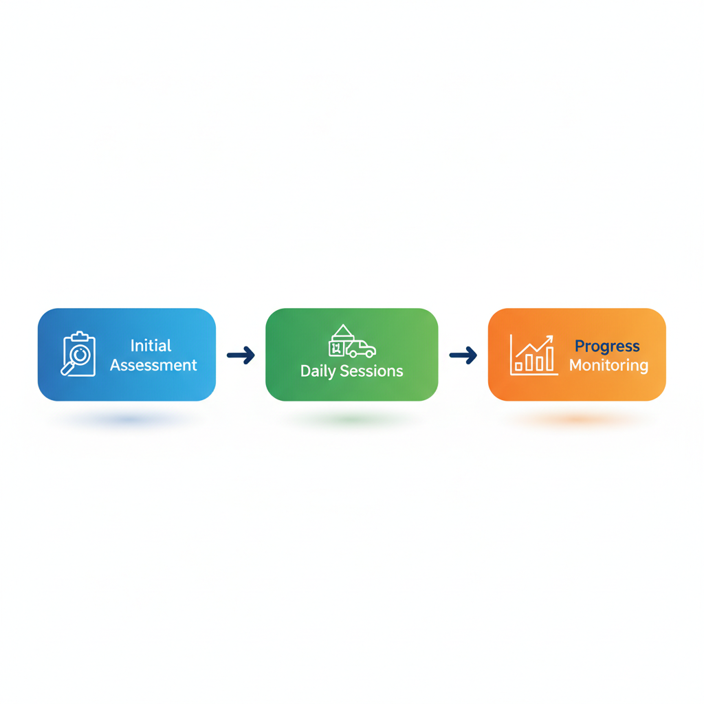 Horizontal process flow diagram of in-home ABA therapy stages: initial assessment, daily sessions, and progress monitoring with connecting arrows and icons.