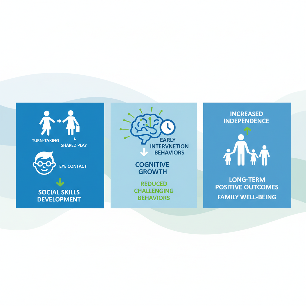 Infographic illustrating three main benefits of ABA therapy: social skills, early intervention for toddlers, and long-term family support.