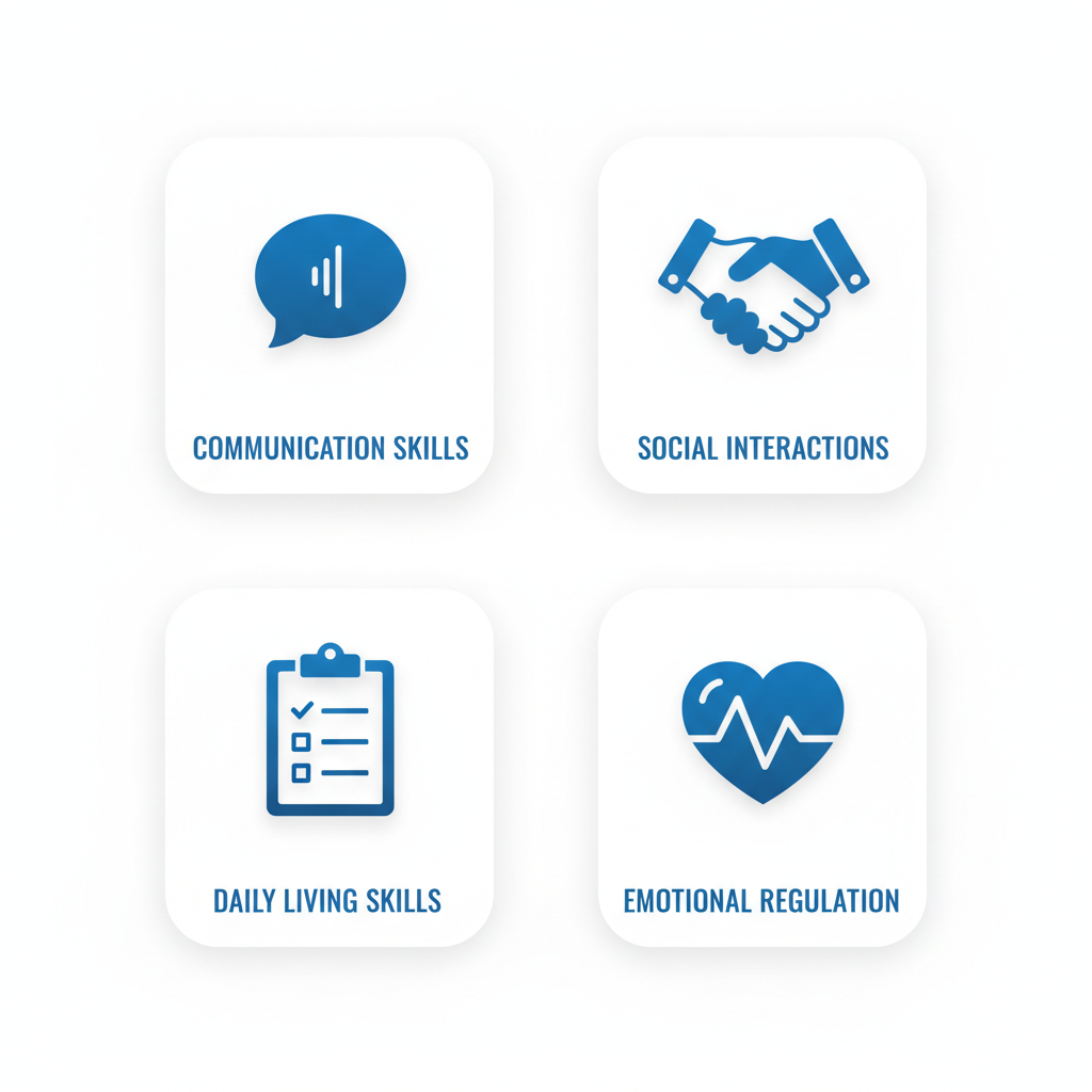 Four icons depicting benefits of ABA therapy: communication skills speech bubble, social interactions handshake, daily living skills checklist, emotional regulation heart with waves.