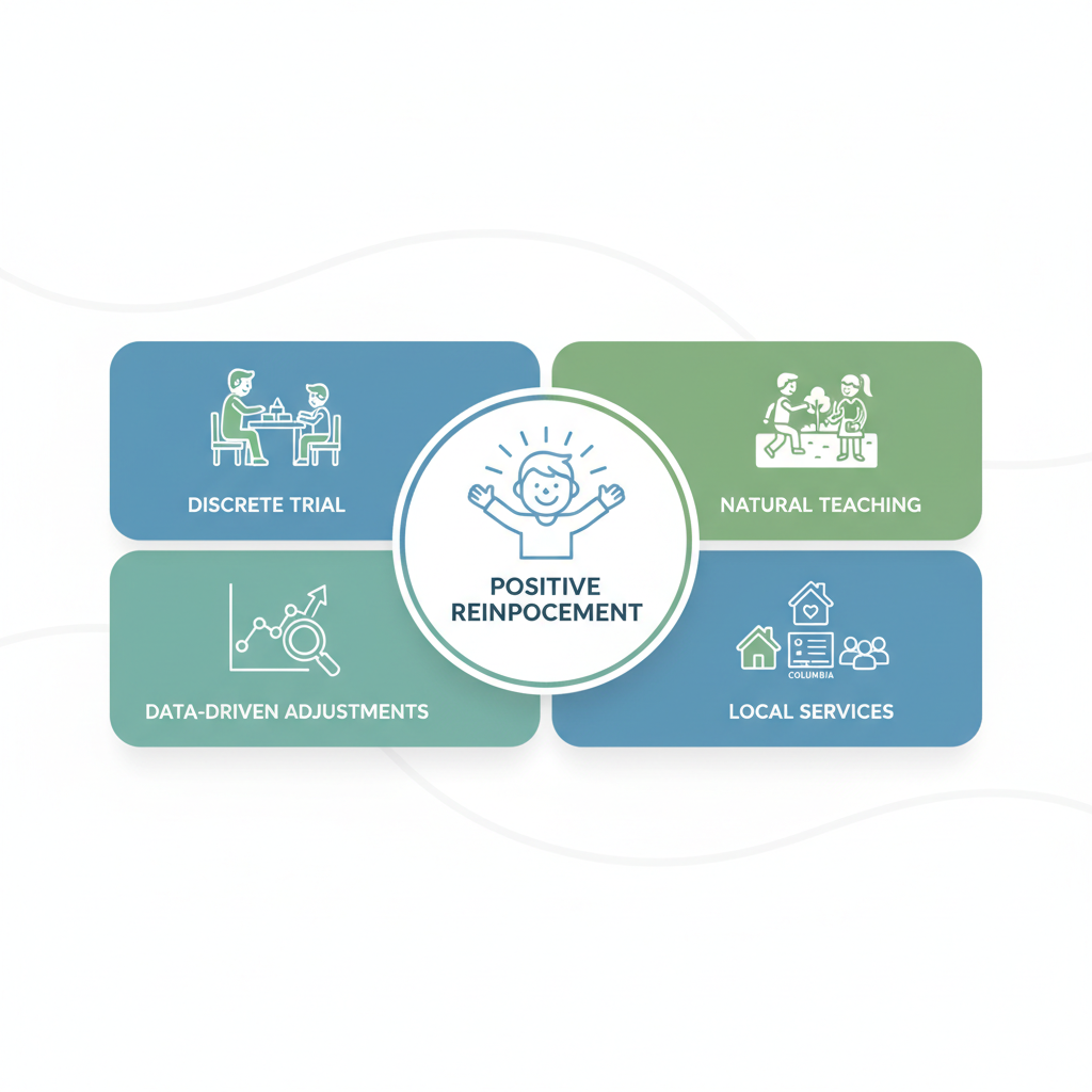 Infographic showing core ABA therapy principles including positive reinforcement and training methods for autism.