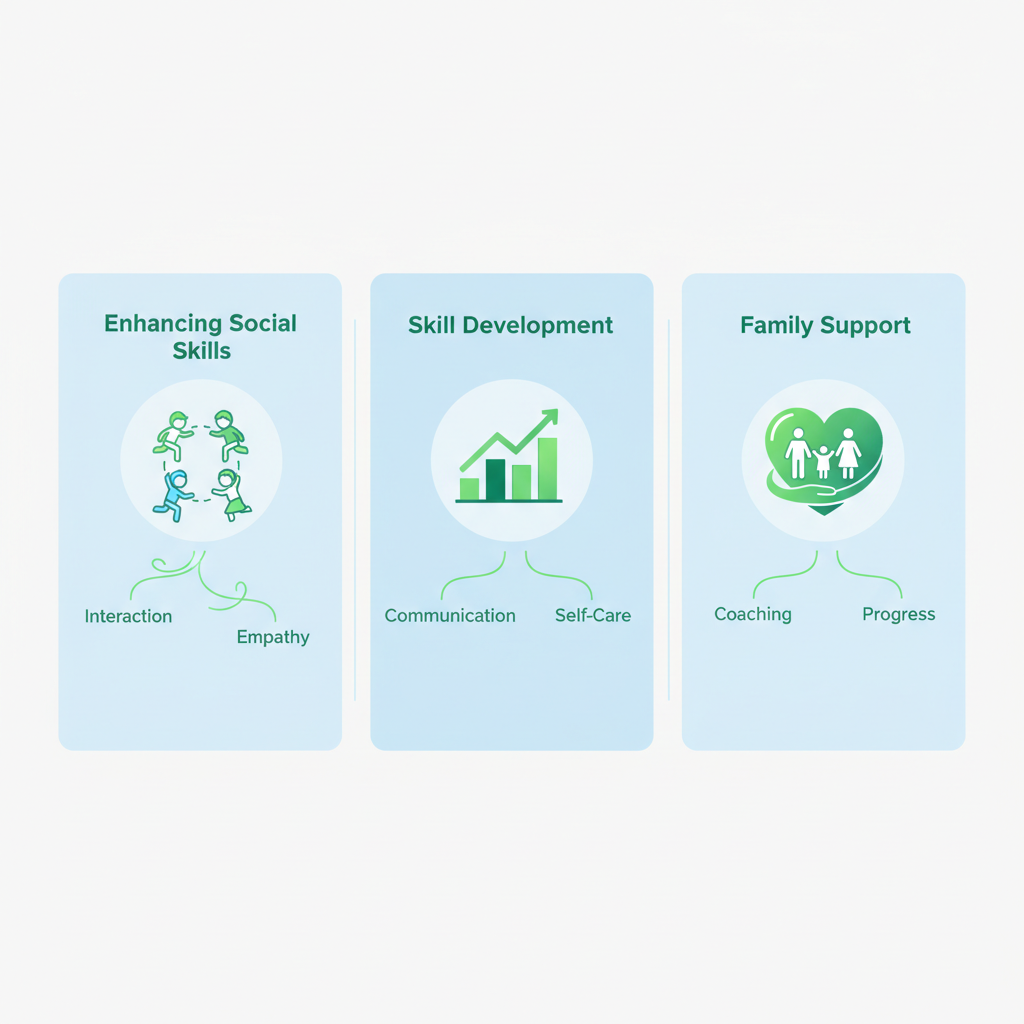 Infographic depicting benefits of ABA therapy including social skills enhancement, daily independence development, and family support for children with autism