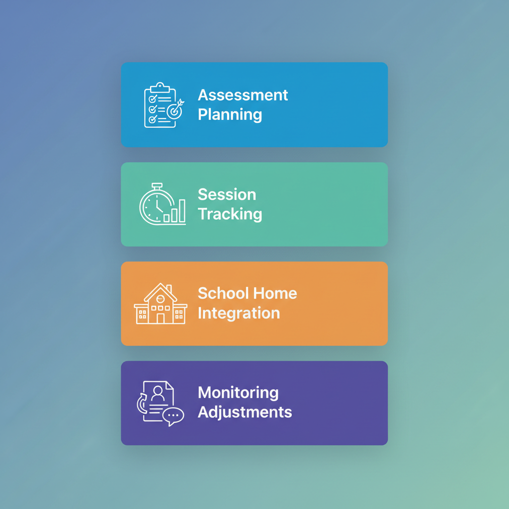 Process flow diagram illustrating four key stages of ABA therapy for autism, from assessment to ongoing monitoring.