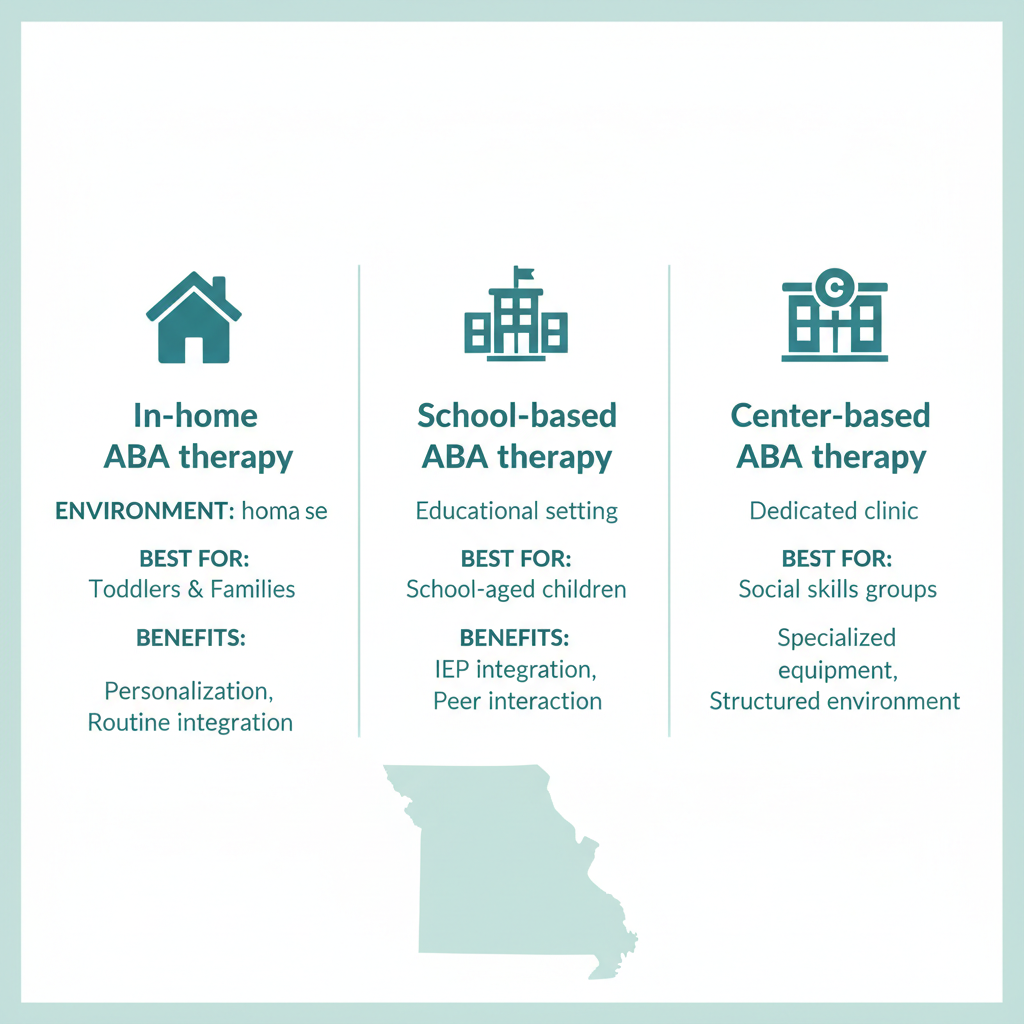 Infographic illustrating three ABA therapy delivery models in Missouri with icons for in-home, school-based, and center-based options, including key benefits and environments.