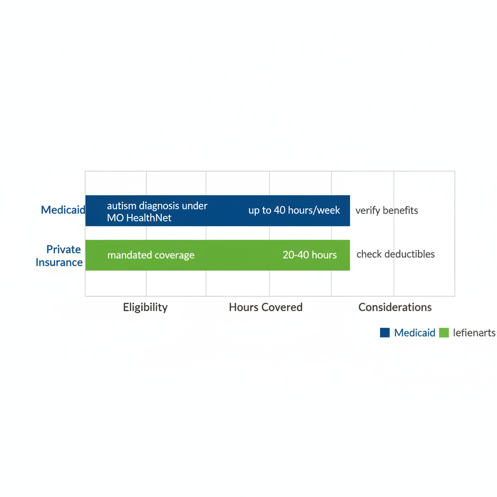 Horizontal bar chart comparing Medicaid and private insurance coverage for ABA therapy in Missouri with detailed feature labels.