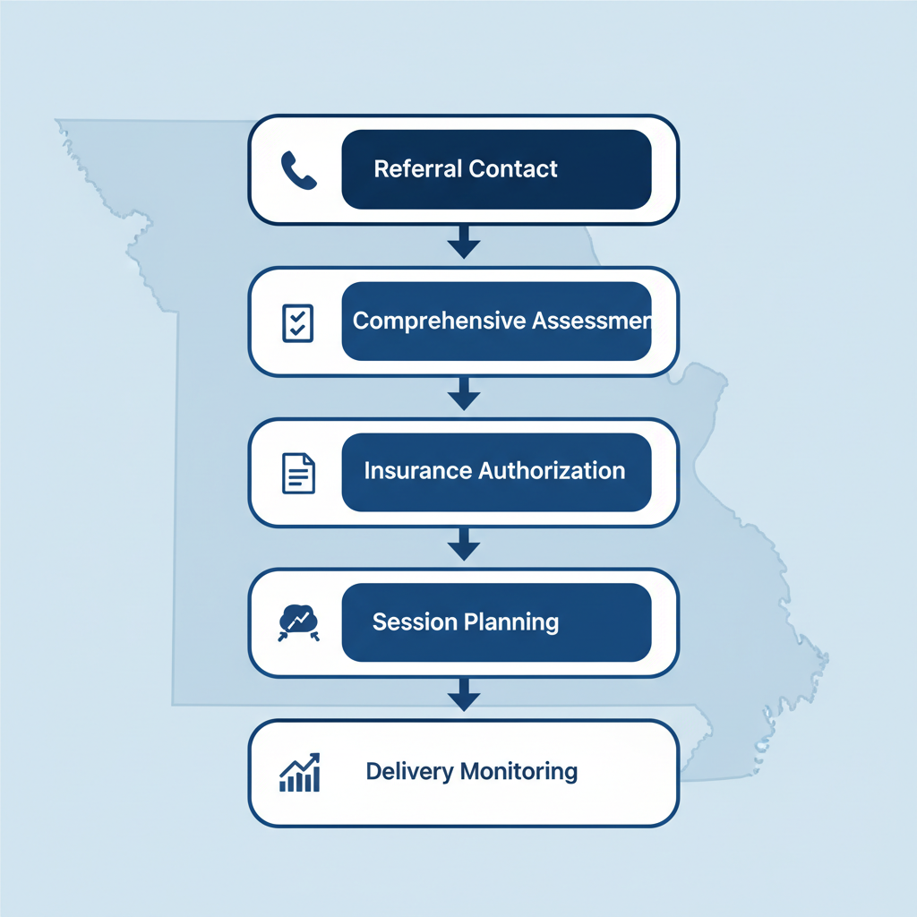 Vertical process flow diagram illustrating five key stages of implementing ABA therapy sessions in Missouri, including referral, assessment, authorization, planning, and ongoing monitoring.
