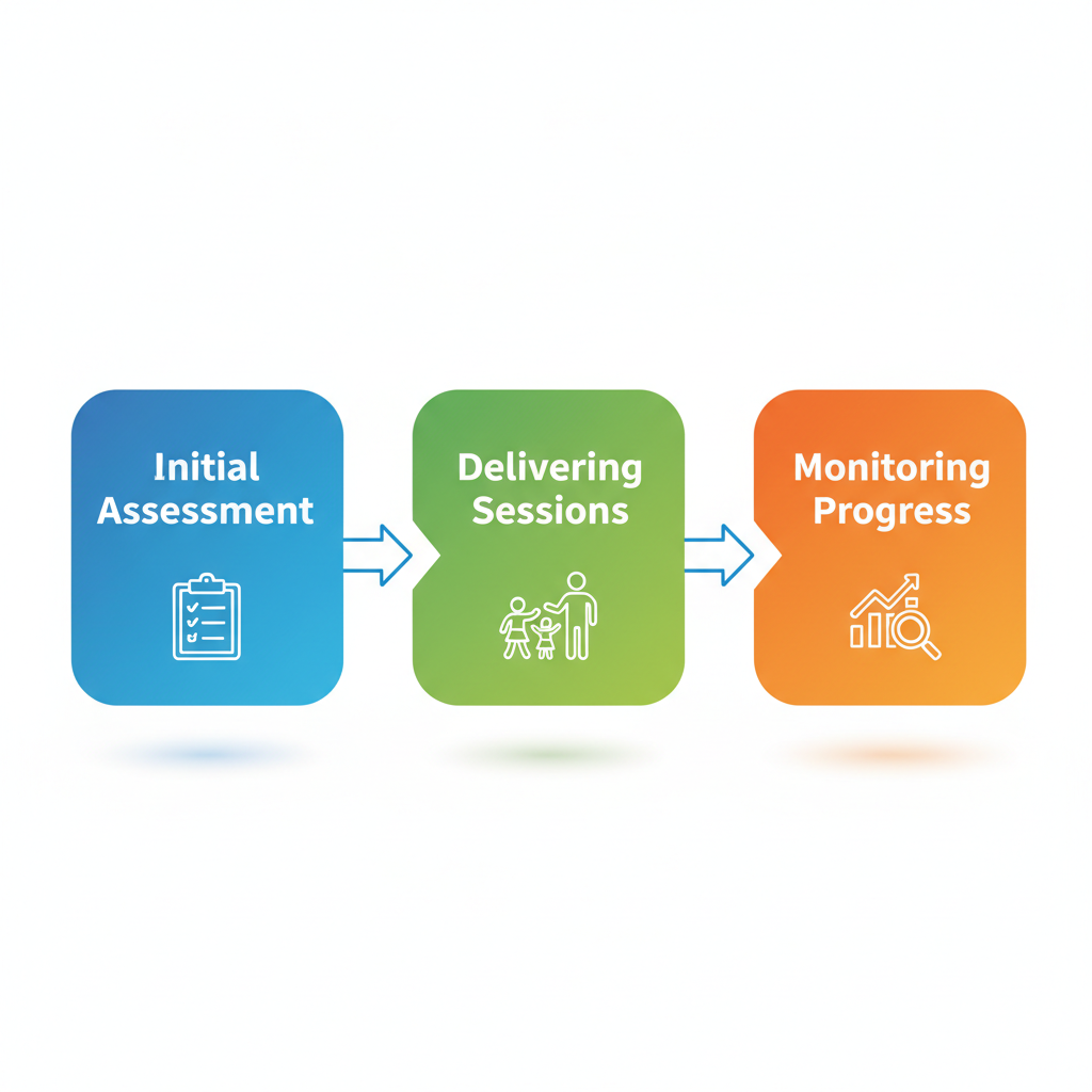 Horizontal process flow diagram showing the three stages of ABA therapy implementation for children with autism.