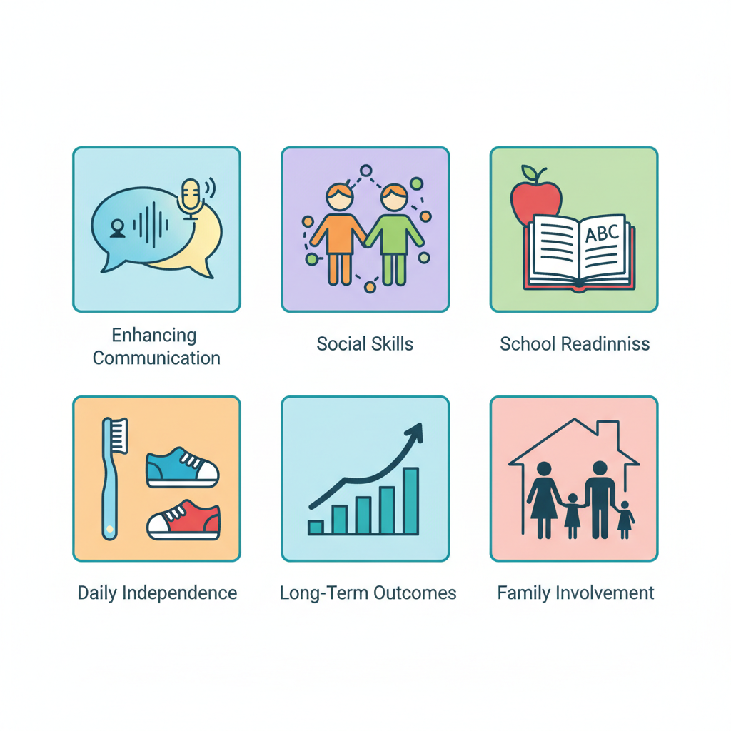 Grid of icons showing benefits of ABA therapy: communication, social skills, school readiness, independence, outcomes, family involvement.
