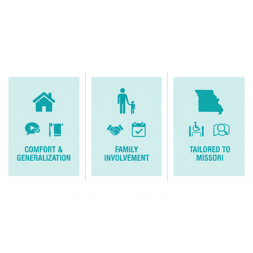 Infographic illustrating three key benefits of in-home ABA therapy: enhanced comfort, family involvement, and tailoring for Missouri families with relevant icons.