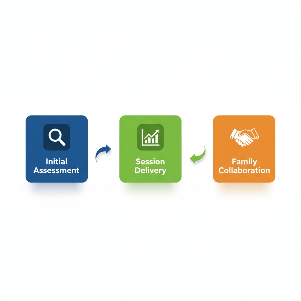 Horizontal process flow diagram illustrating three stages of in-home ABA therapy: initial assessment, session delivery and progress tracking, and family collaboration.