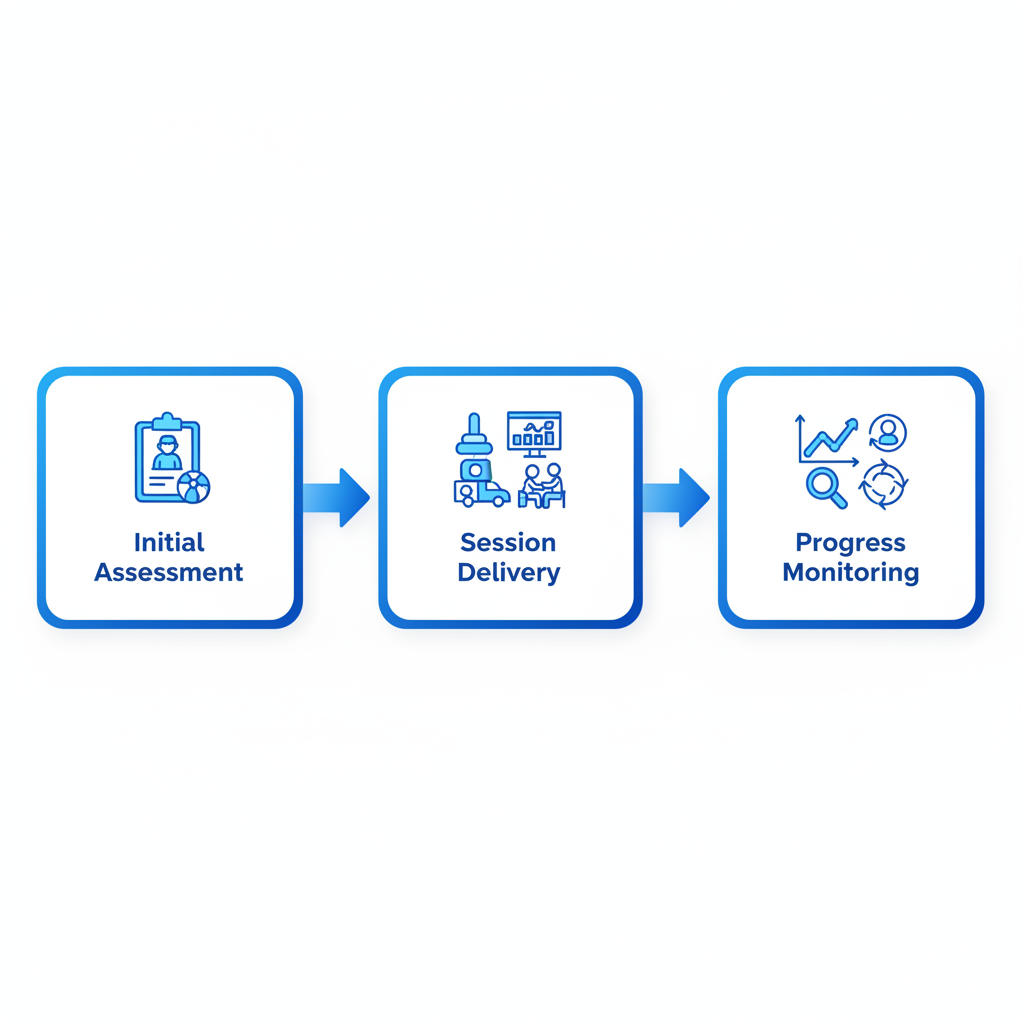 Horizontal process flow diagram illustrating the three key stages of ABA therapy: initial assessment, session delivery, and progress monitoring.