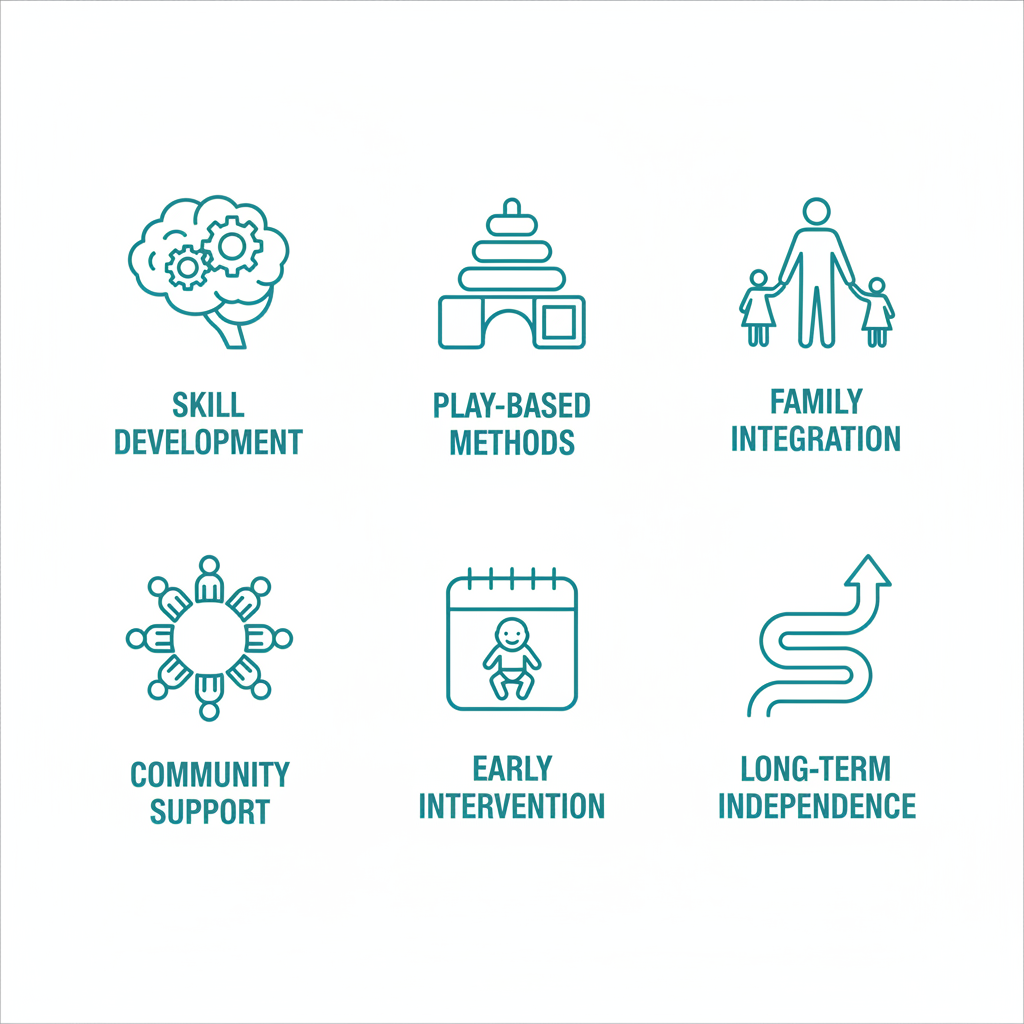 Icon grid showing benefits of ABA therapy: skill development, play-based methods, family integration, community support, early intervention, and long-term independence.
