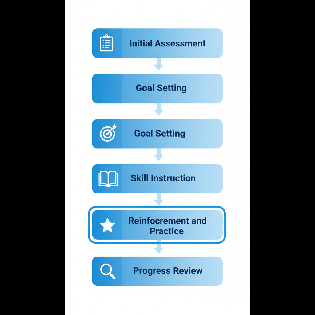 Vertical process flow diagram showing five stages of ABA therapy for children: initial assessment, goal setting, skill instruction, reinforcement and practice, progress review with icons and blue gradients.
