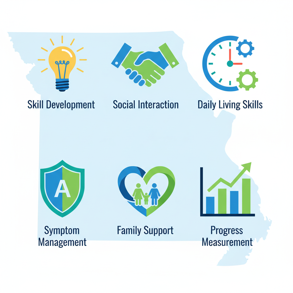 Grid of icons illustrating key benefits of ABA therapy for children in Missouri