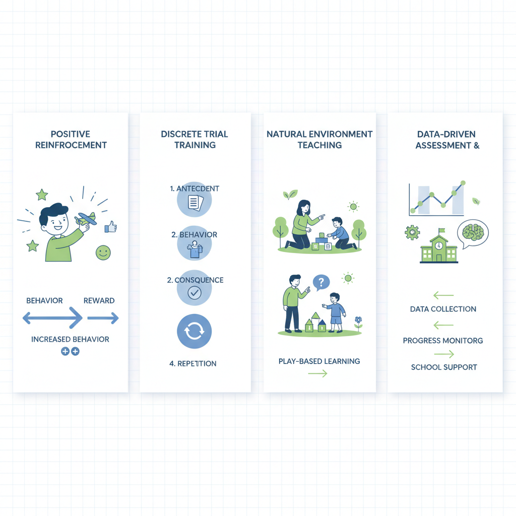 Infographic illustrating core principles, techniques, and integration of ABA therapy for autism treatment