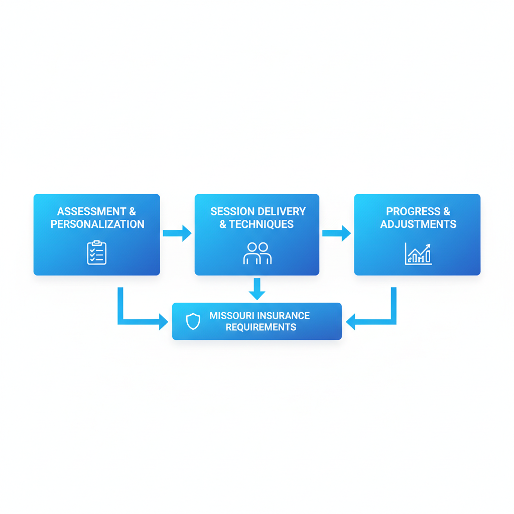 Horizontal process flow diagram of ABA therapy stages: assessment, session delivery, and progress monitoring in Missouri.