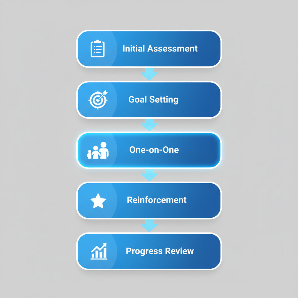 Vertical process flow diagram illustrating the five stages of ABA therapy sessions for children, including assessment, goal setting, sessions, reinforcement, and review.