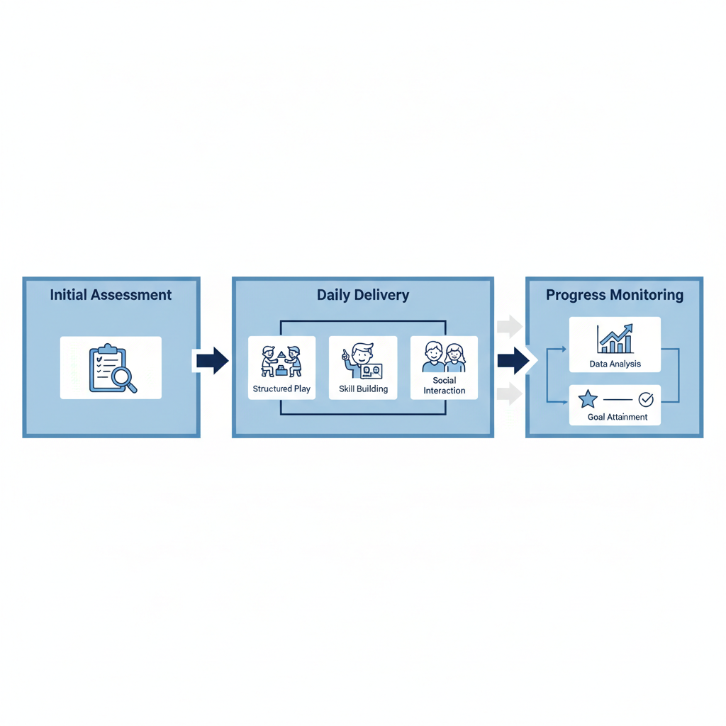Horizontal process flow diagram illustrating the three stages of Pre-K ABA therapy sessions: initial assessment, daily delivery, and progress monitoring.