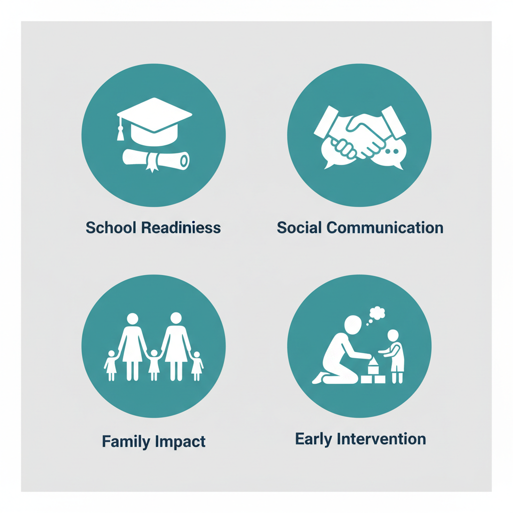 2x2 grid of icons depicting key benefits of early Pre-K ABA therapy: school readiness, social and communication development, family impact, and early intervention.