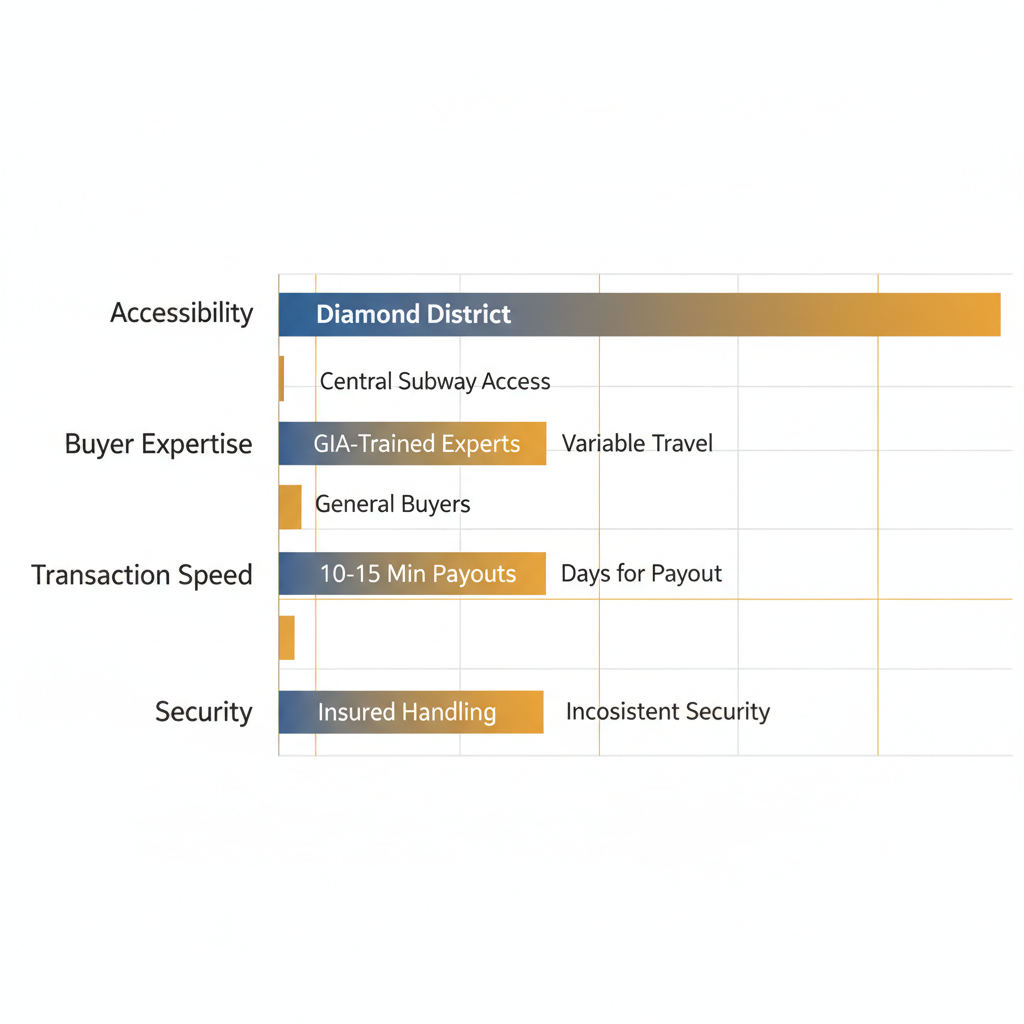 Bar chart comparing Diamond District advantages over other NYC areas in accessibility, buyer expertise, transaction speed, and security for selling gold and precious metals